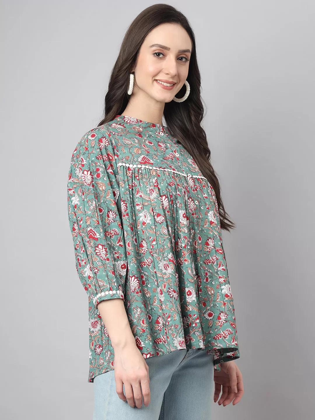 Green Cotton Botanical Print Empire Top