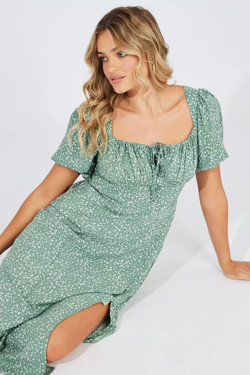 Green Floral Midi Dress Puff Sleeve Midi