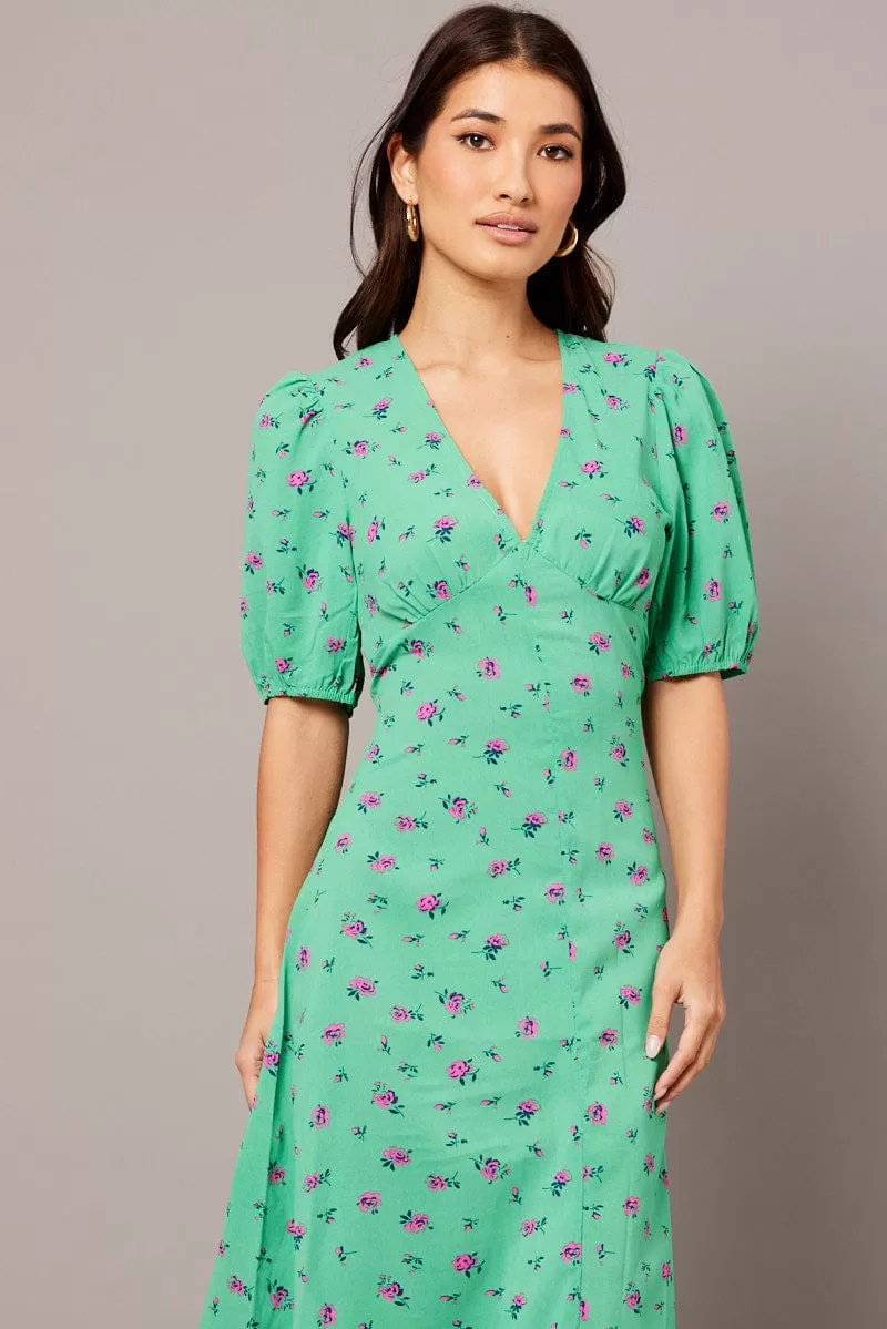 Green Floral Midi Dress Puff Sleeve Tea Dress