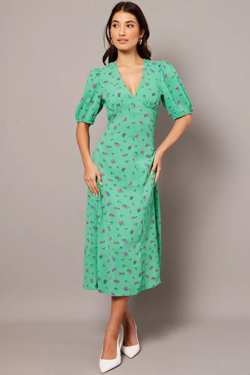 Green Floral Midi Dress Puff Sleeve Tea Dress