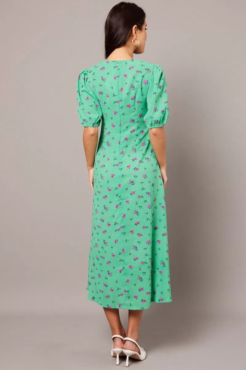 Green Floral Midi Dress Puff Sleeve Tea Dress