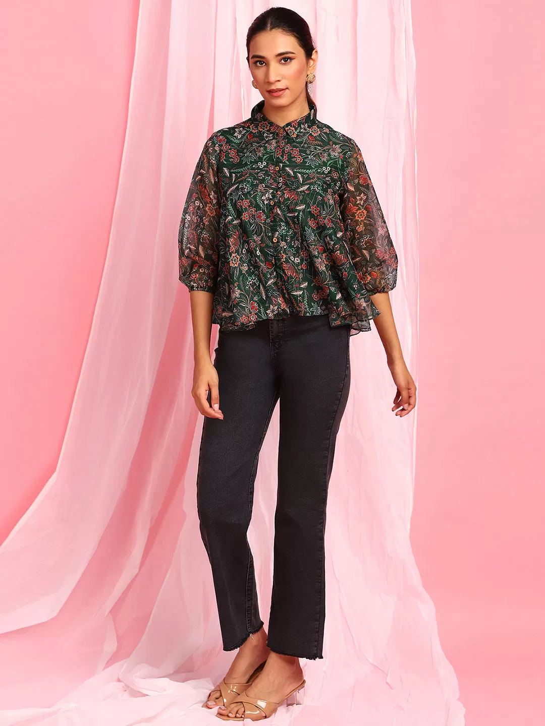 Green Poly Georgette Floral Print Regular Top