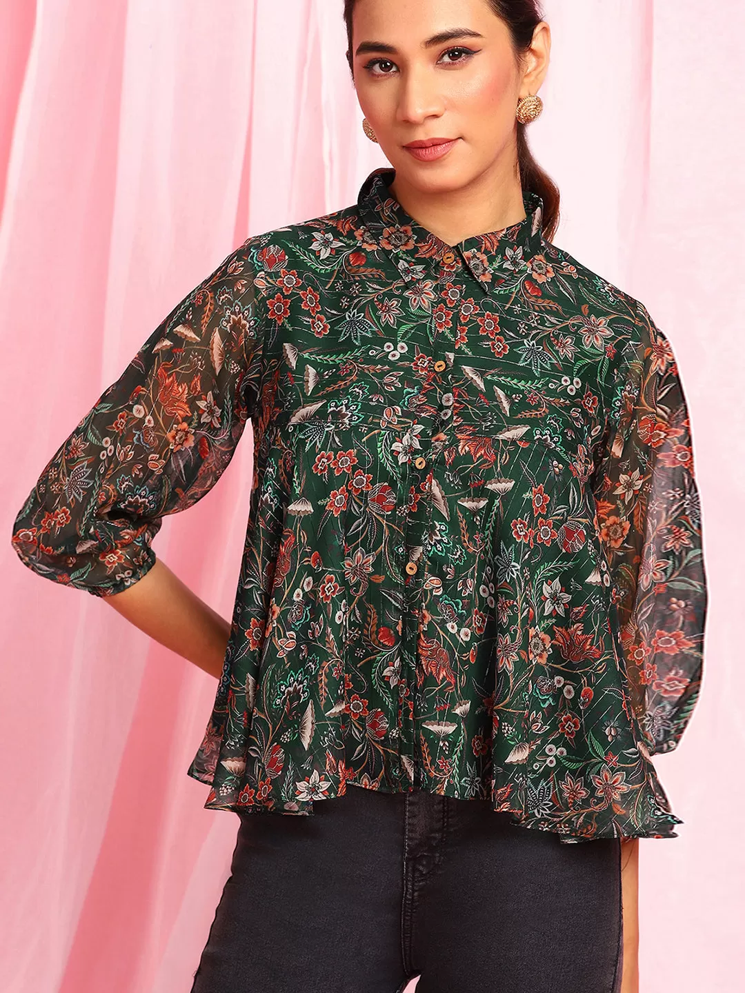 Green Poly Georgette Floral Print Regular Top