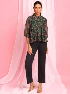 Green Poly Georgette Floral Print Regular Top