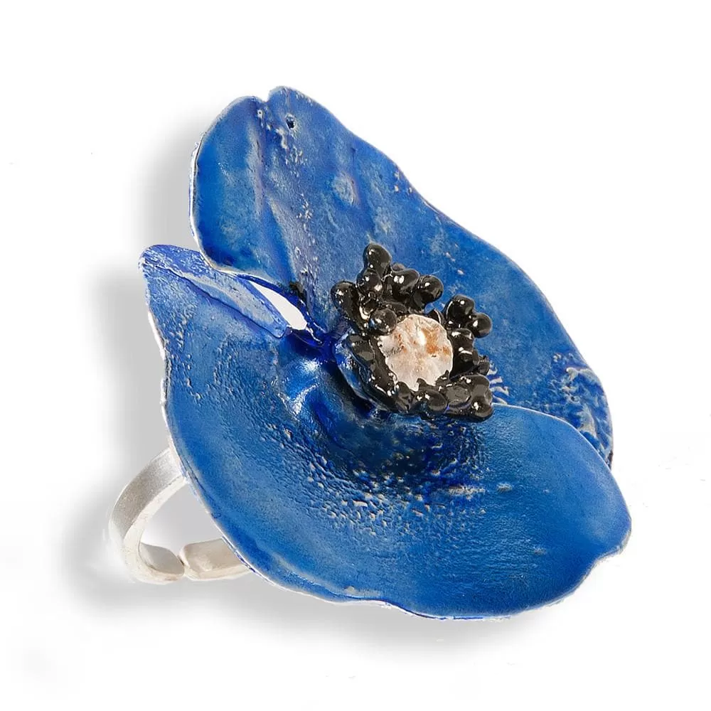 Handmade Sterling Silver Impressive Sky Blue Poppy Flower Ring