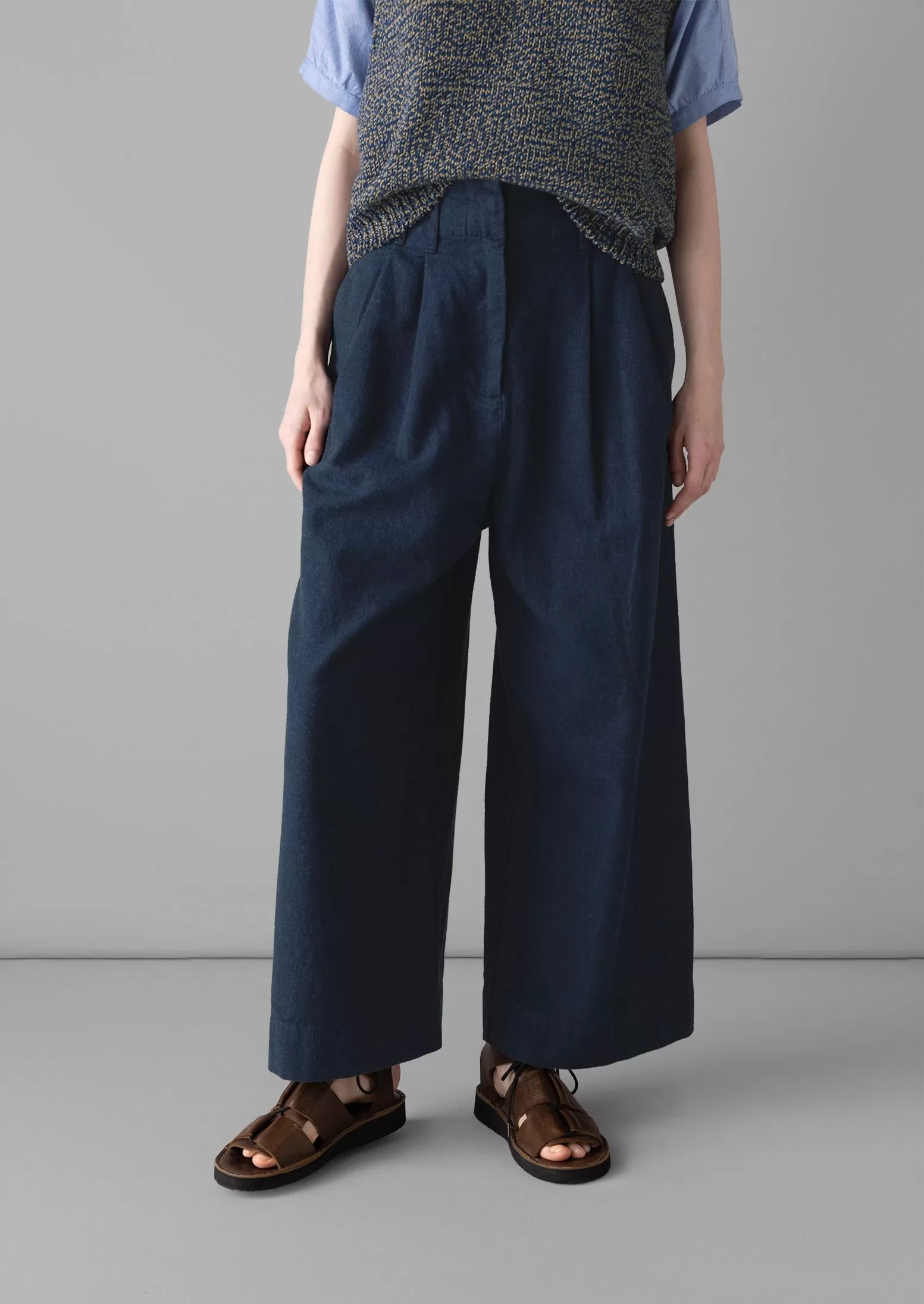 Hemp Cotton Paper Bag Pants | Dark Chambray Blue