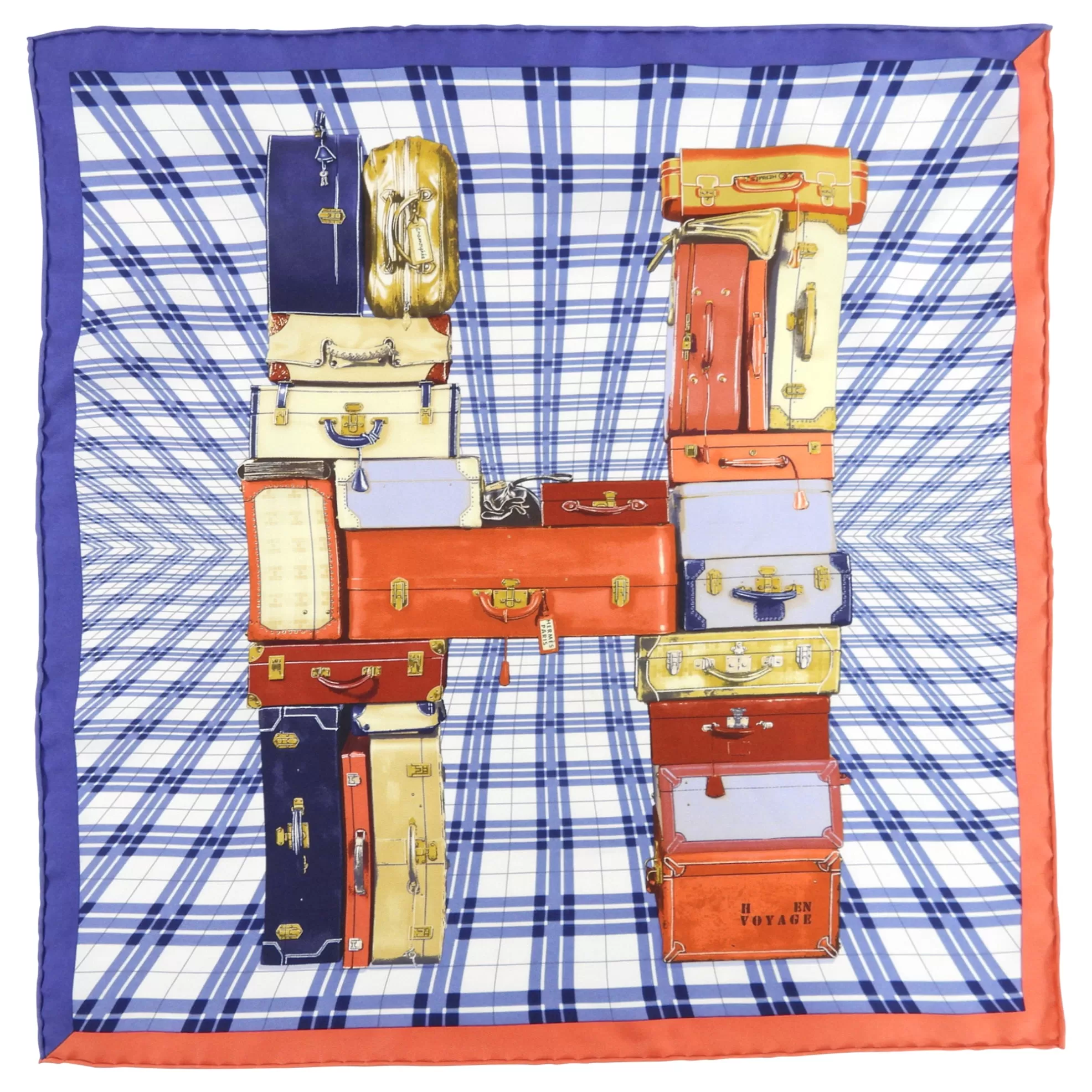 Hermes H en Voyage Blue Orange Red 45cm Silk Scarf