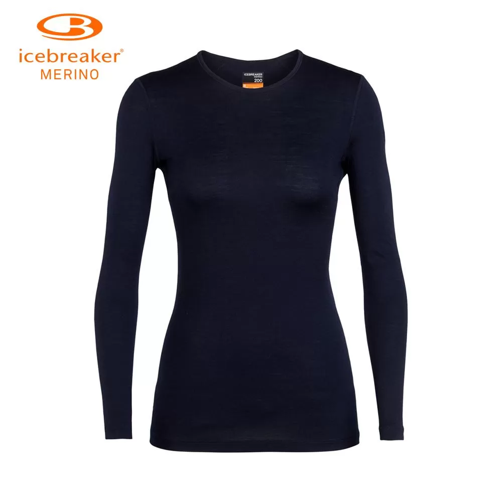 icebreaker Merino Base Layer Women's 200 Oasis Long Sleeve Crewe - Aloe, Midnight Navy