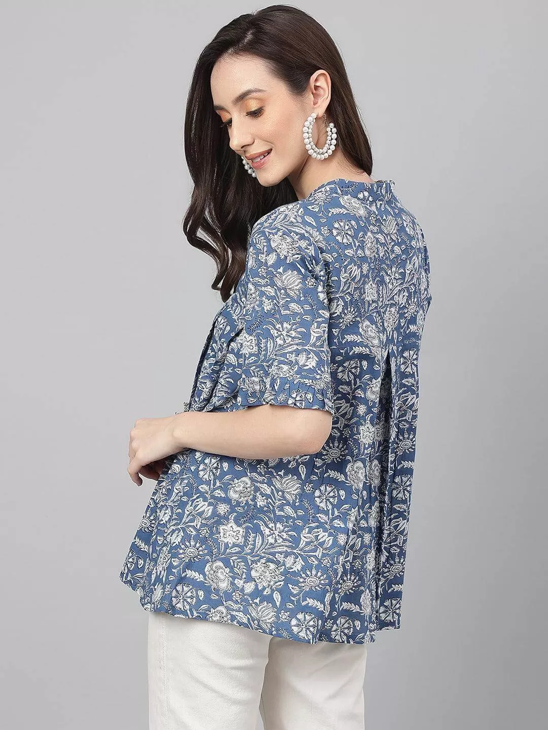 Ink Blue Cotton Floral Print Flared Top