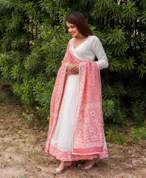 Irya White and Peach Angrakha Dress