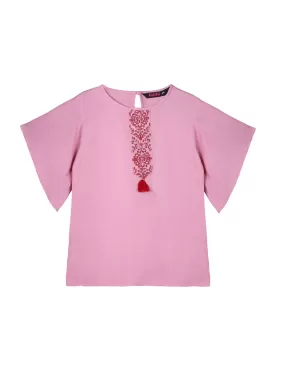 Ishin Girls Viscose Rayon Pink Embroidered Top