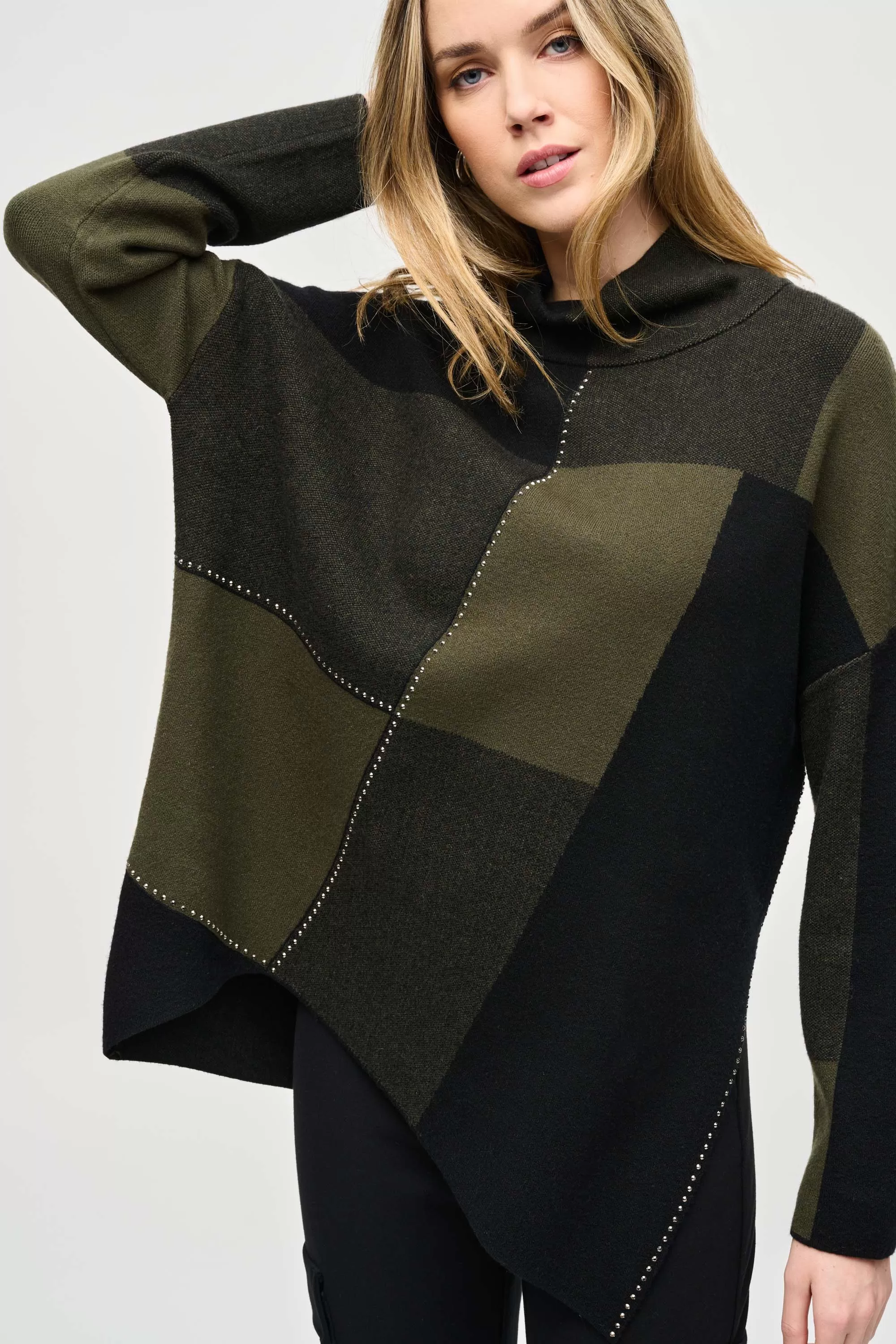 Joseph Ribkoff Colour Block Jacquard Knit Pullover 243944 - Iguana/Black