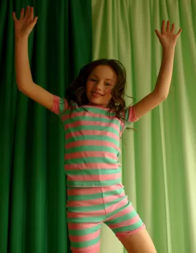 Kids Two Piece Short Aqua & Pink Stripes Pajamas