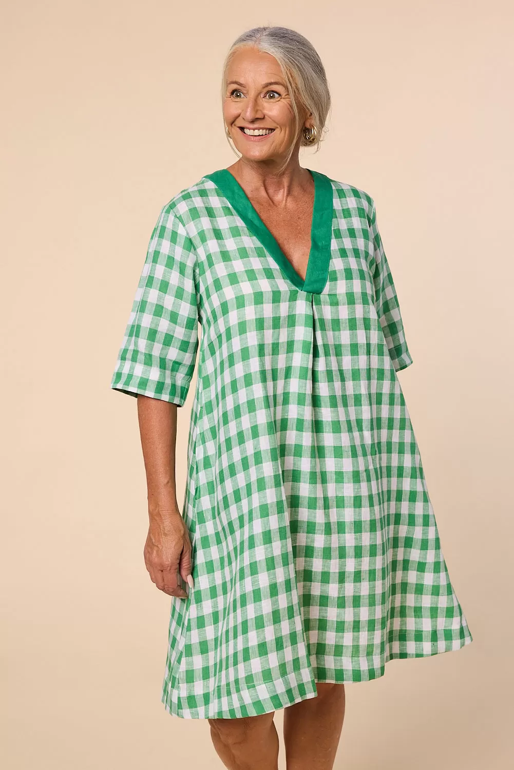 Kora A-Line Linen Dress in Treviso Green