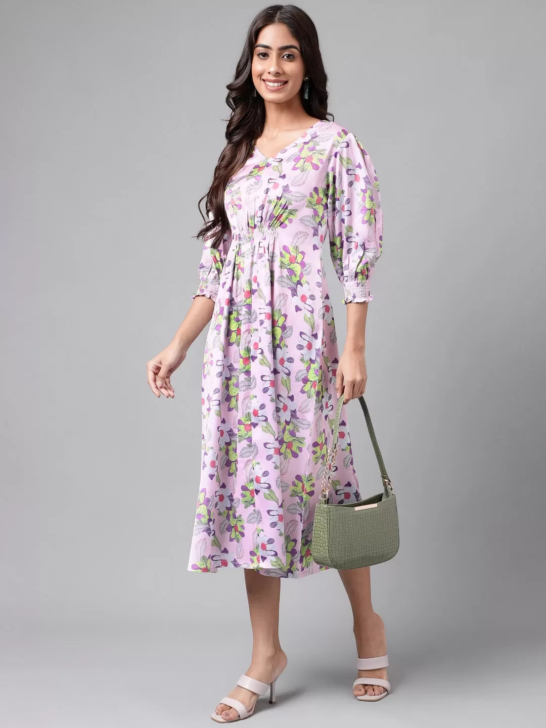 Lavender Satin Digital Floral Printed A-line Dress