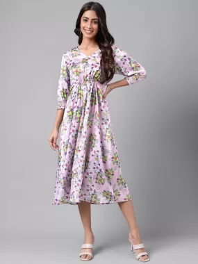 Lavender Satin Digital Floral Printed A-line Dress