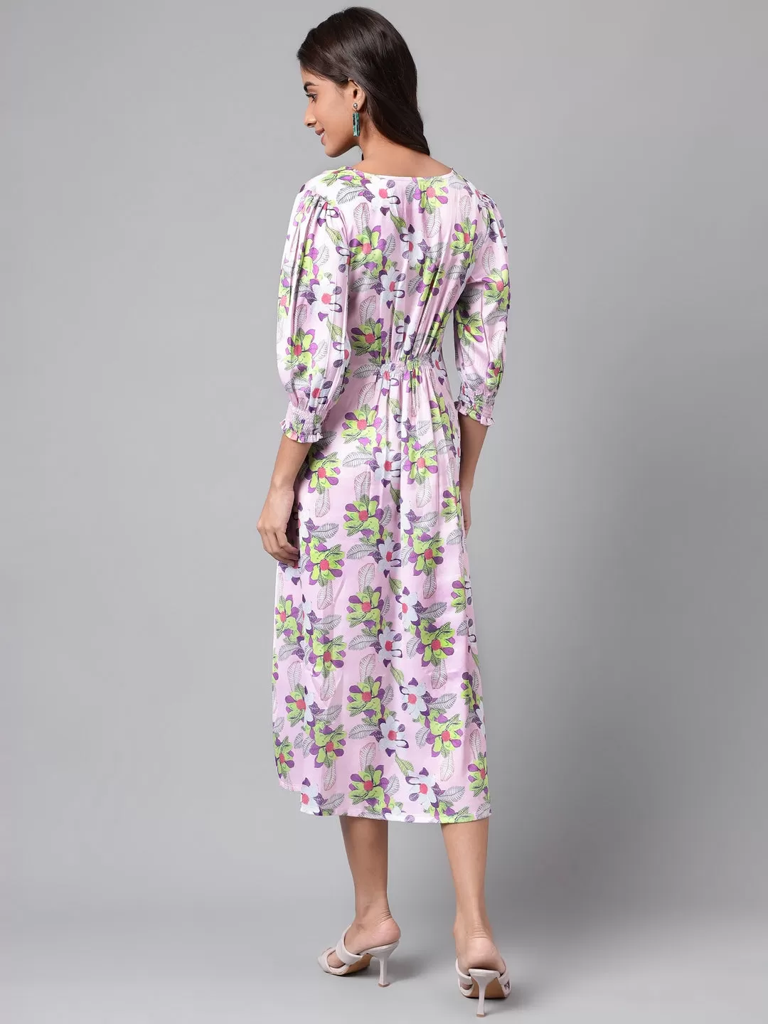 Lavender Satin Digital Floral Printed A-line Dress