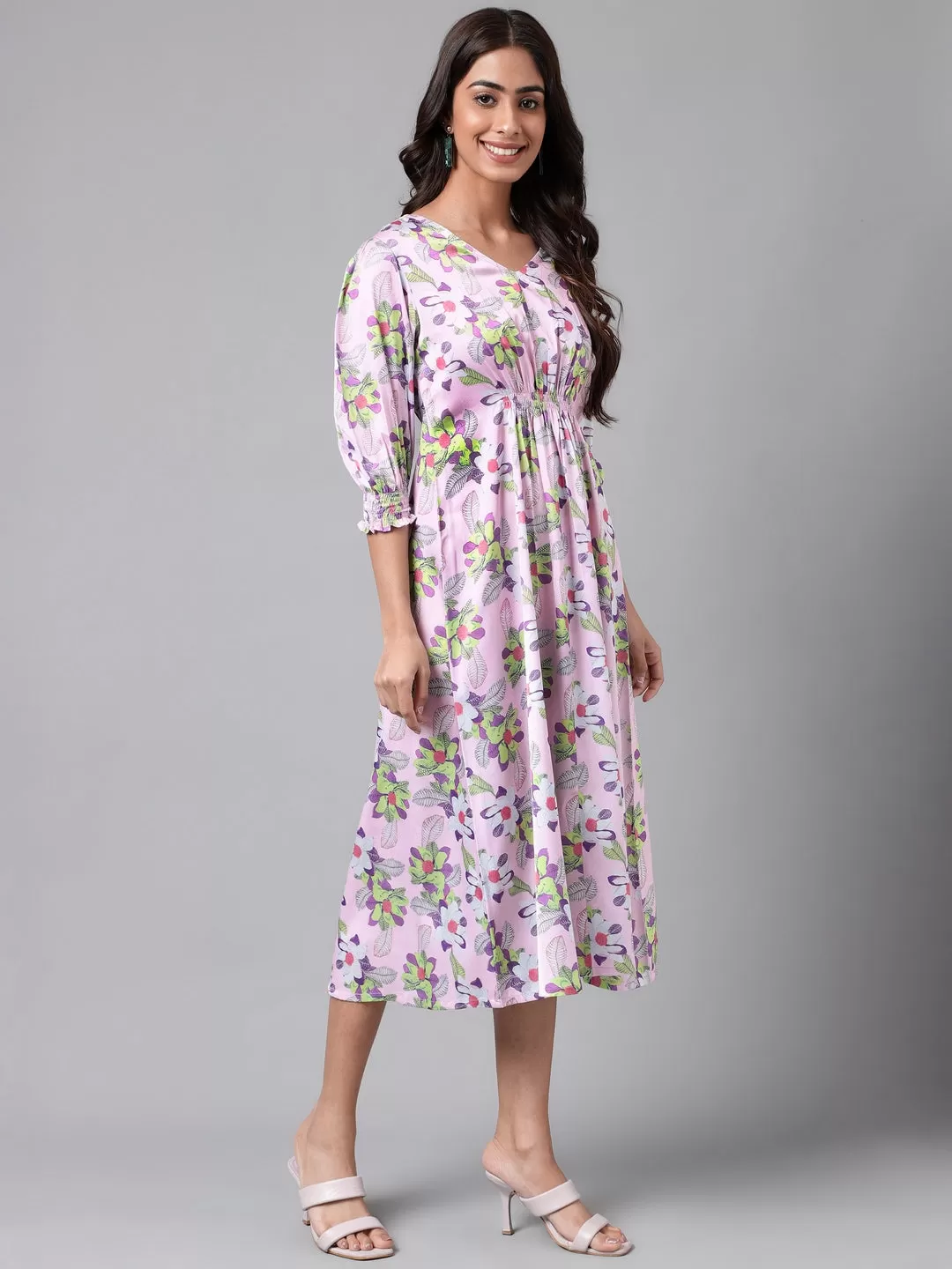 Lavender Satin Digital Floral Printed A-line Dress