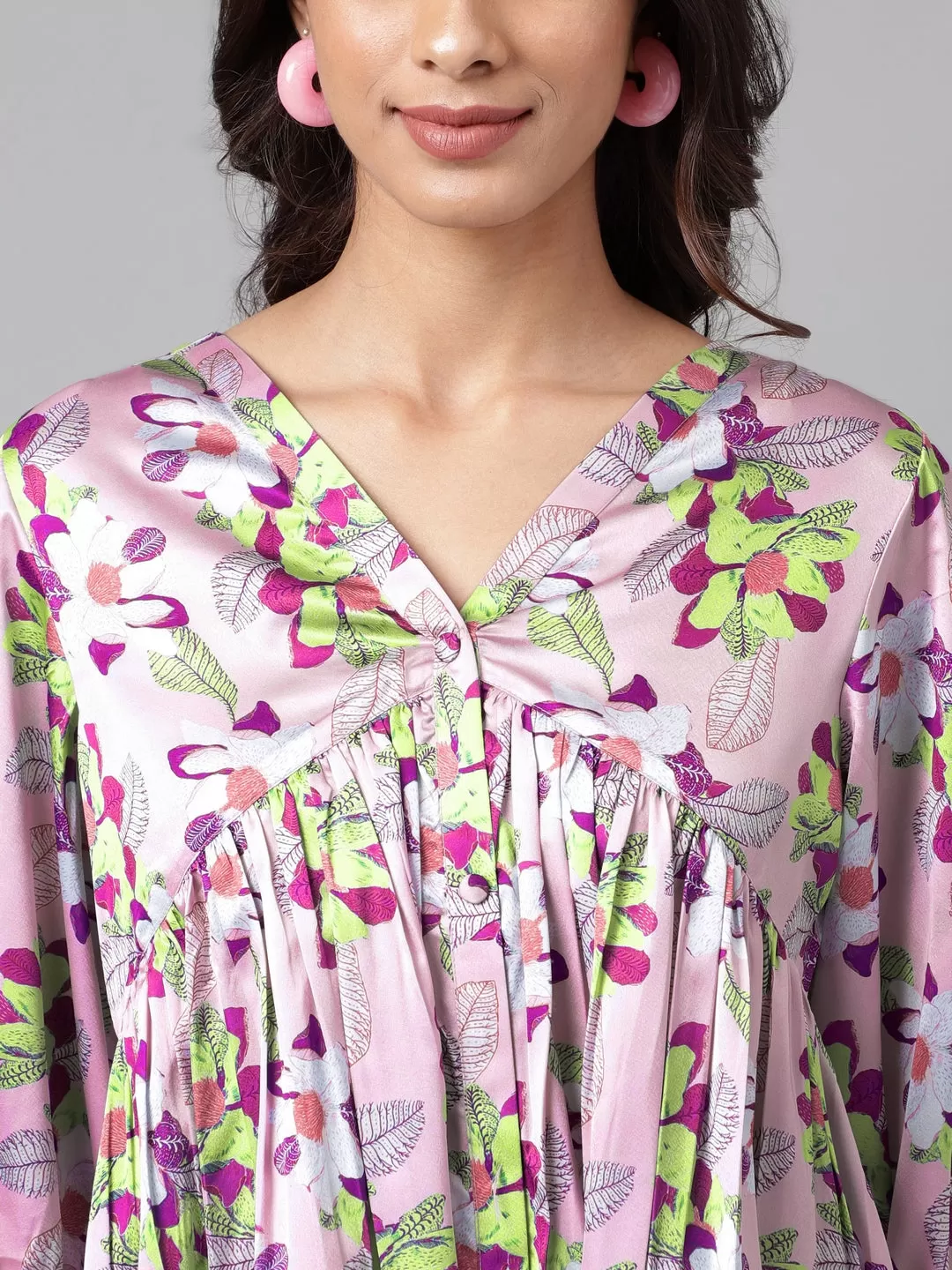 Lavender Satin Digital Floral Printed Flared Top