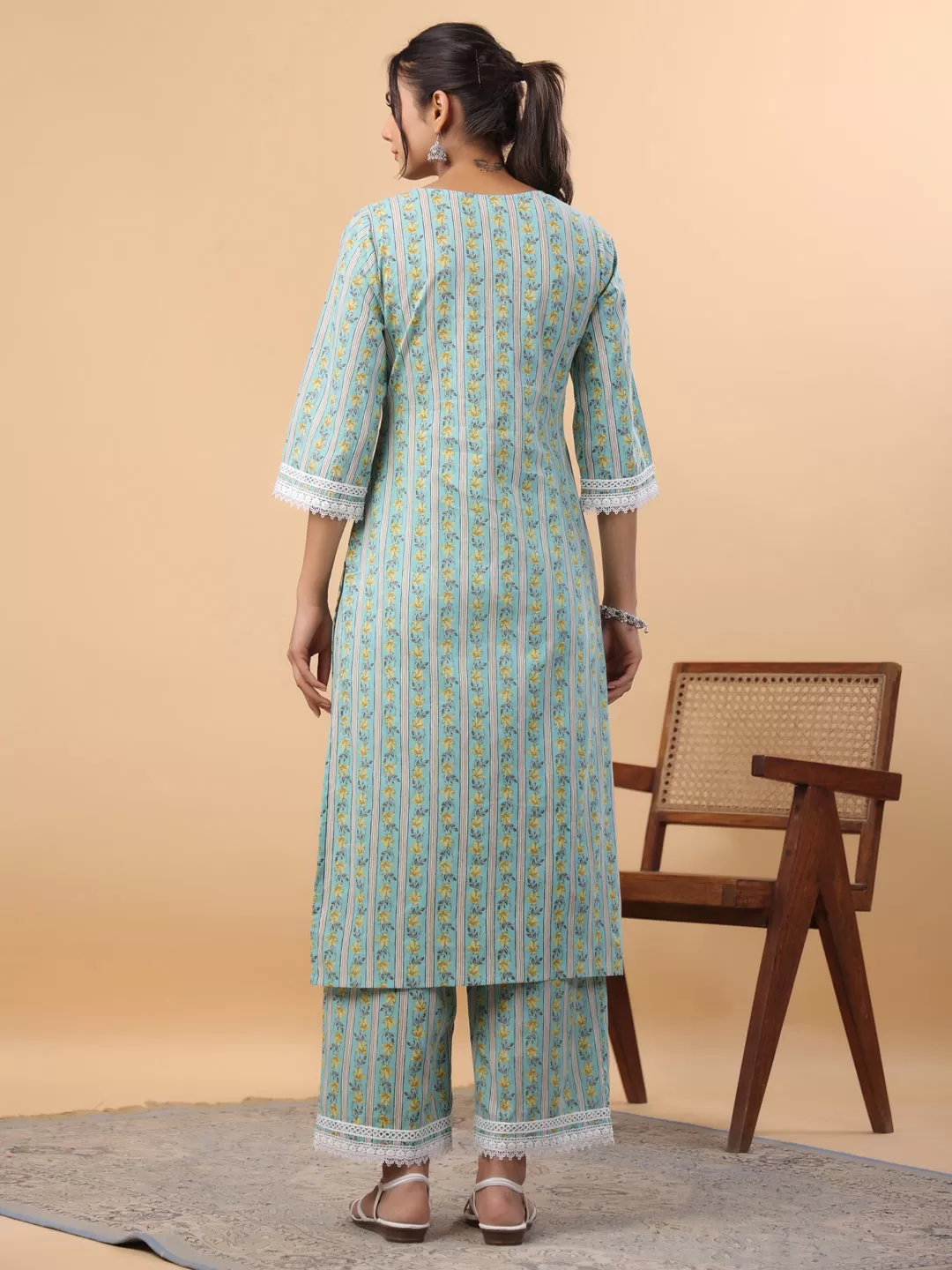 Light Blue Cotton Floral Regular Kurta Set