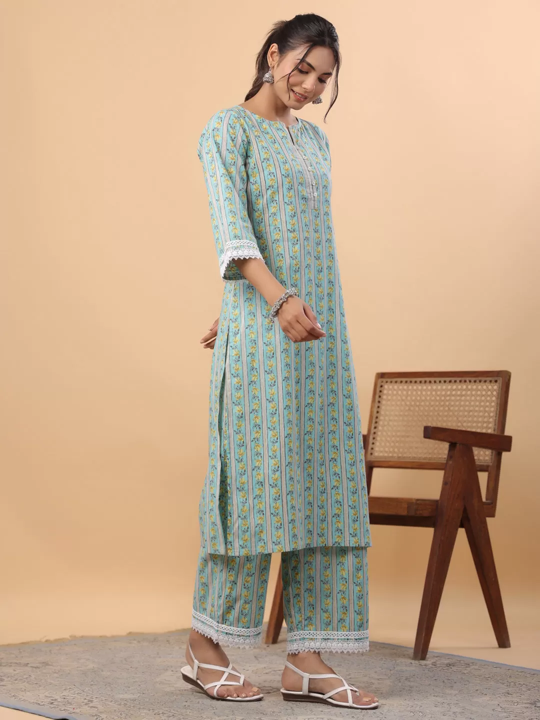 Light Blue Cotton Floral Regular Kurta Set