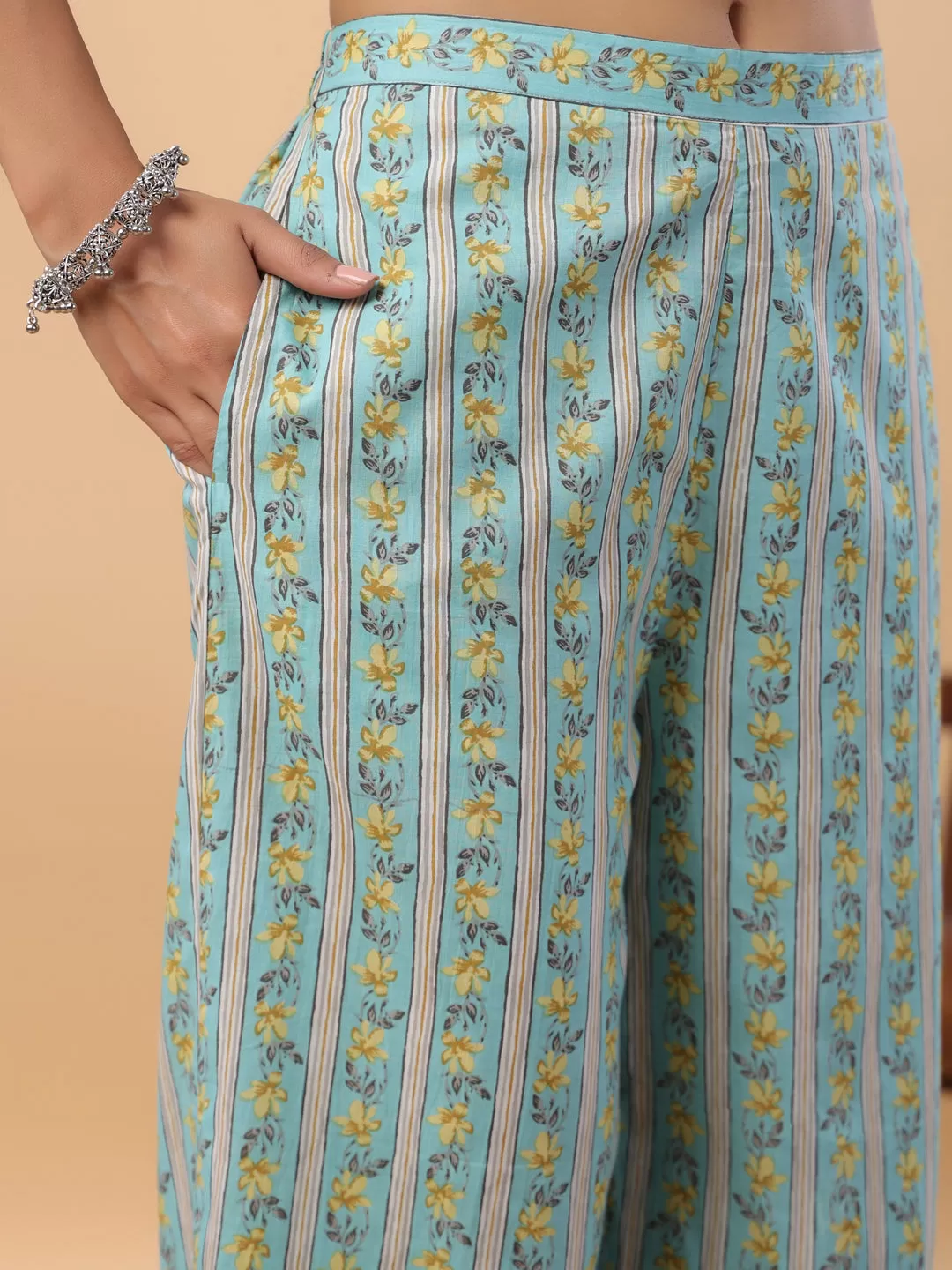 Light Blue Cotton Floral Regular Kurta Set