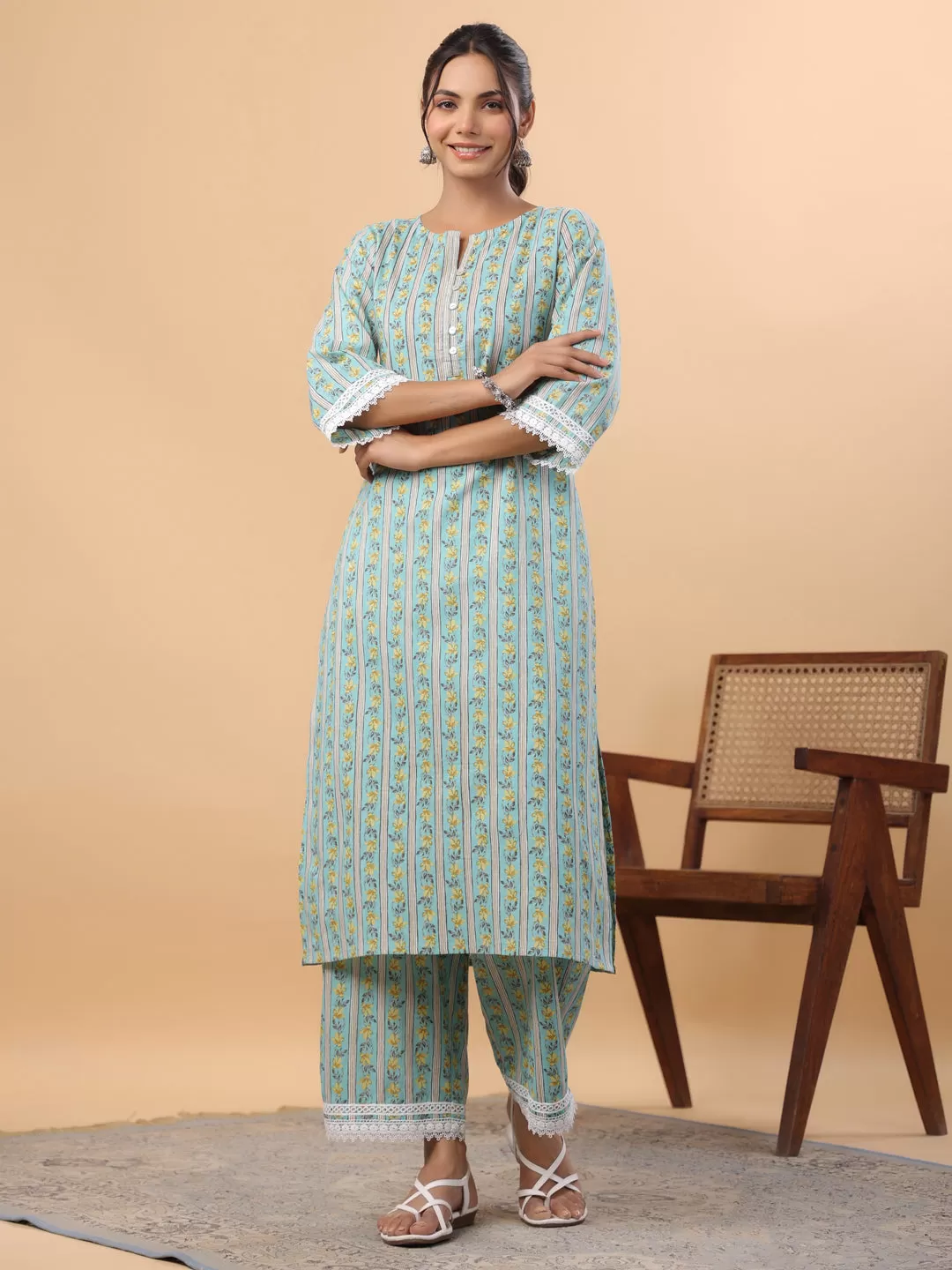 Light Blue Cotton Floral Regular Kurta Set