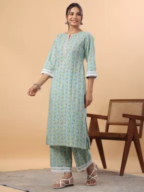 Light Blue Cotton Floral Regular Kurta Set