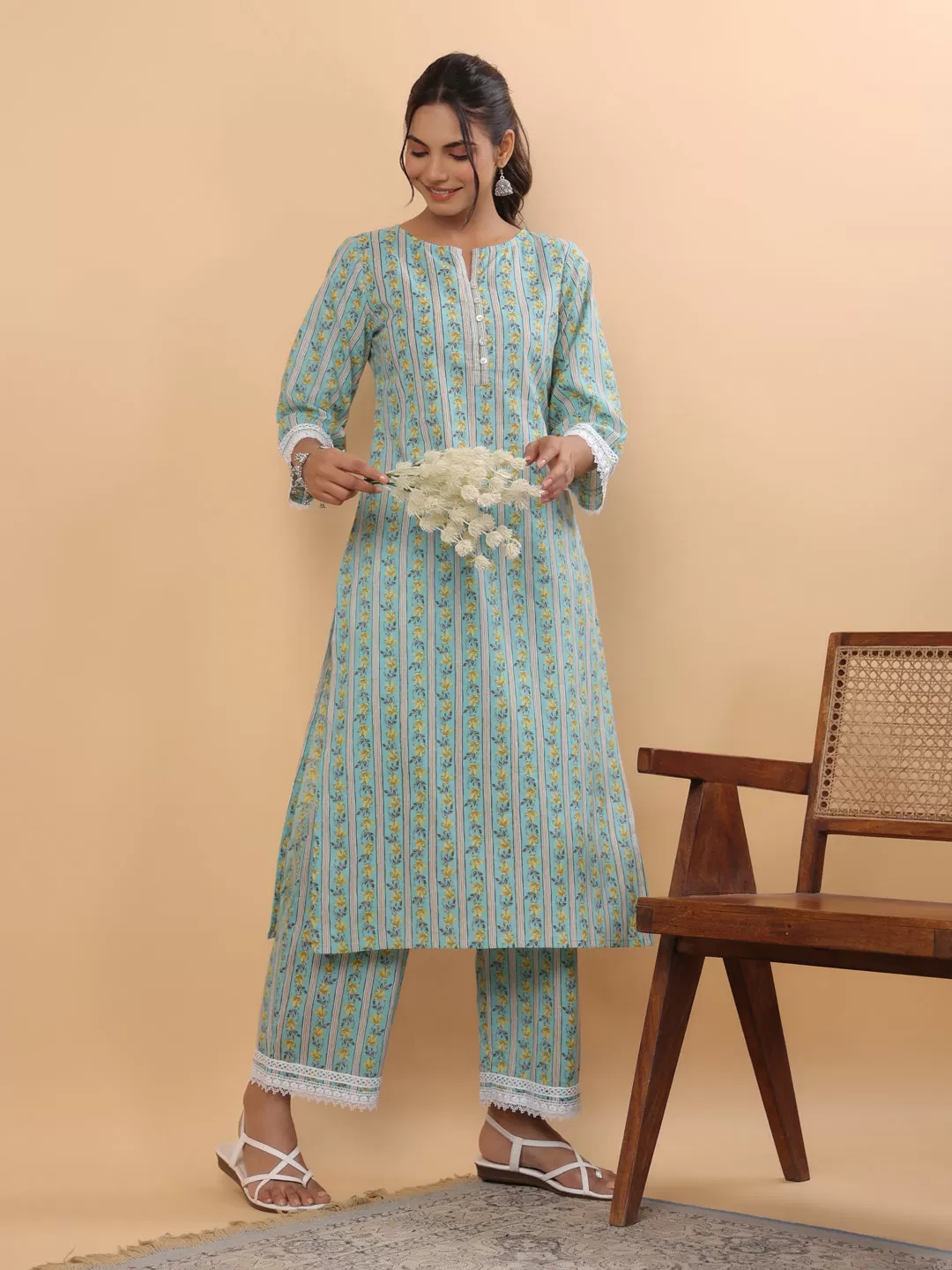 Light Blue Cotton Floral Regular Kurta Set