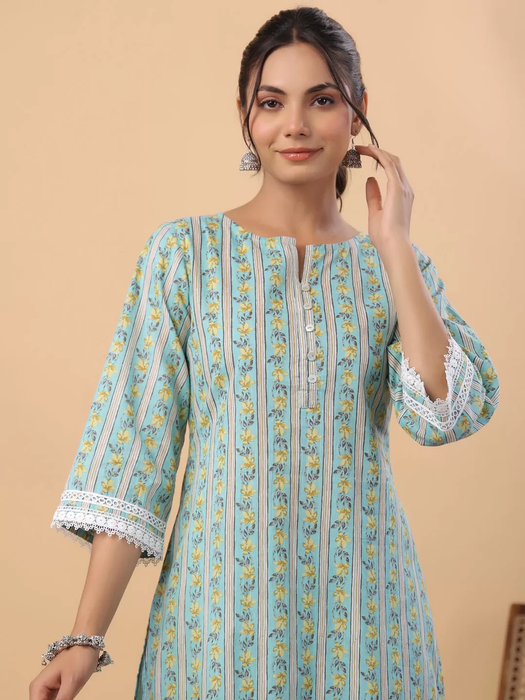 Light Blue Cotton Floral Regular Kurta Set