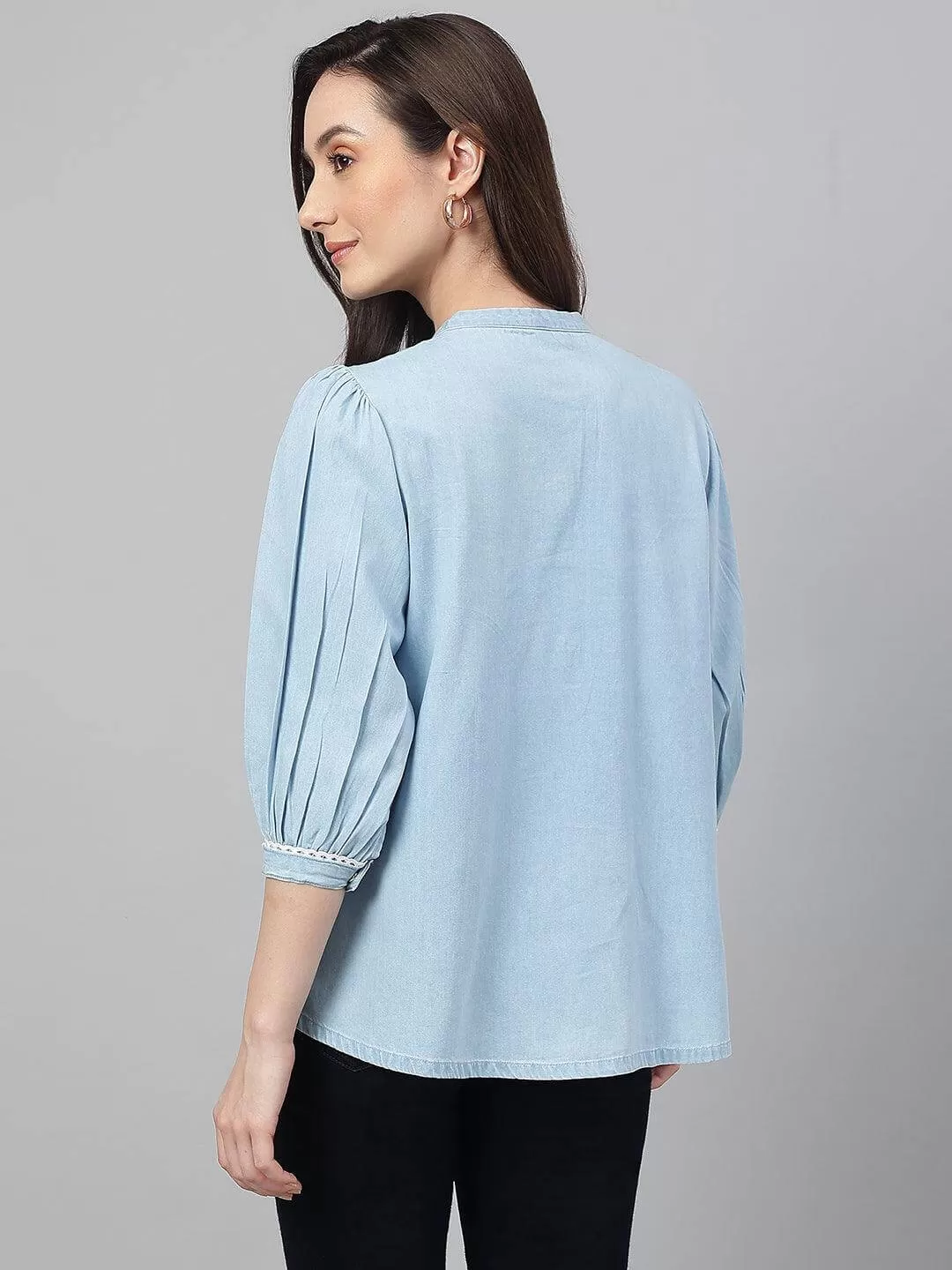 Light Blue Denim Embroidered Flared Top