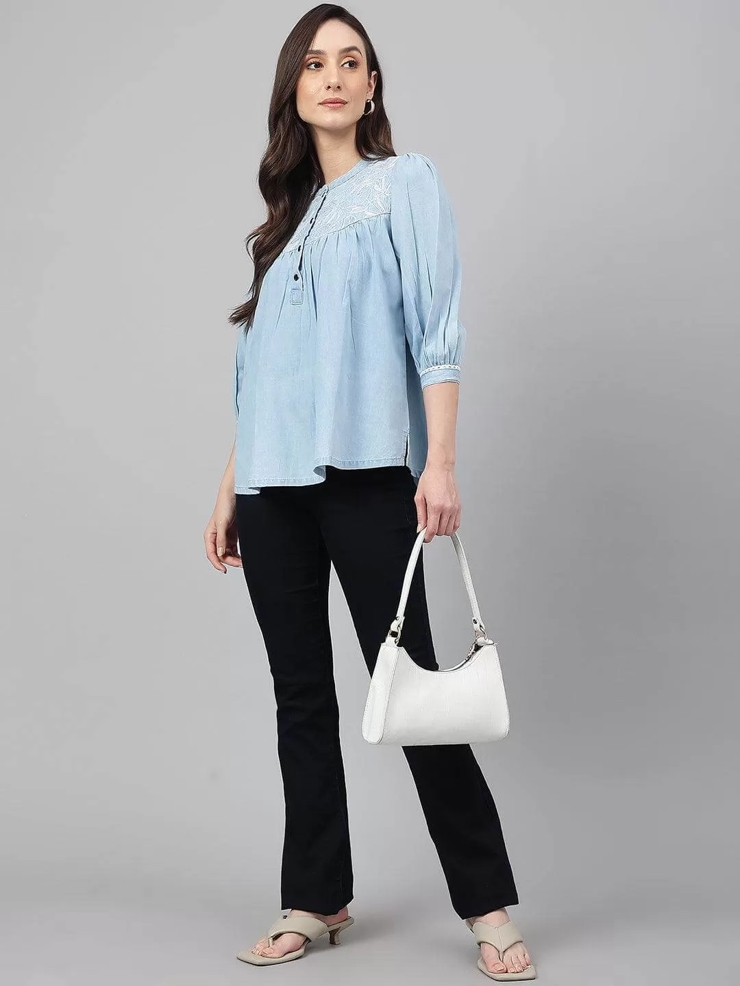 Light Blue Denim Embroidered Flared Top