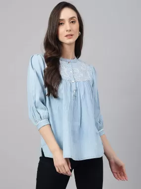 Light Blue Denim Embroidered Flared Top