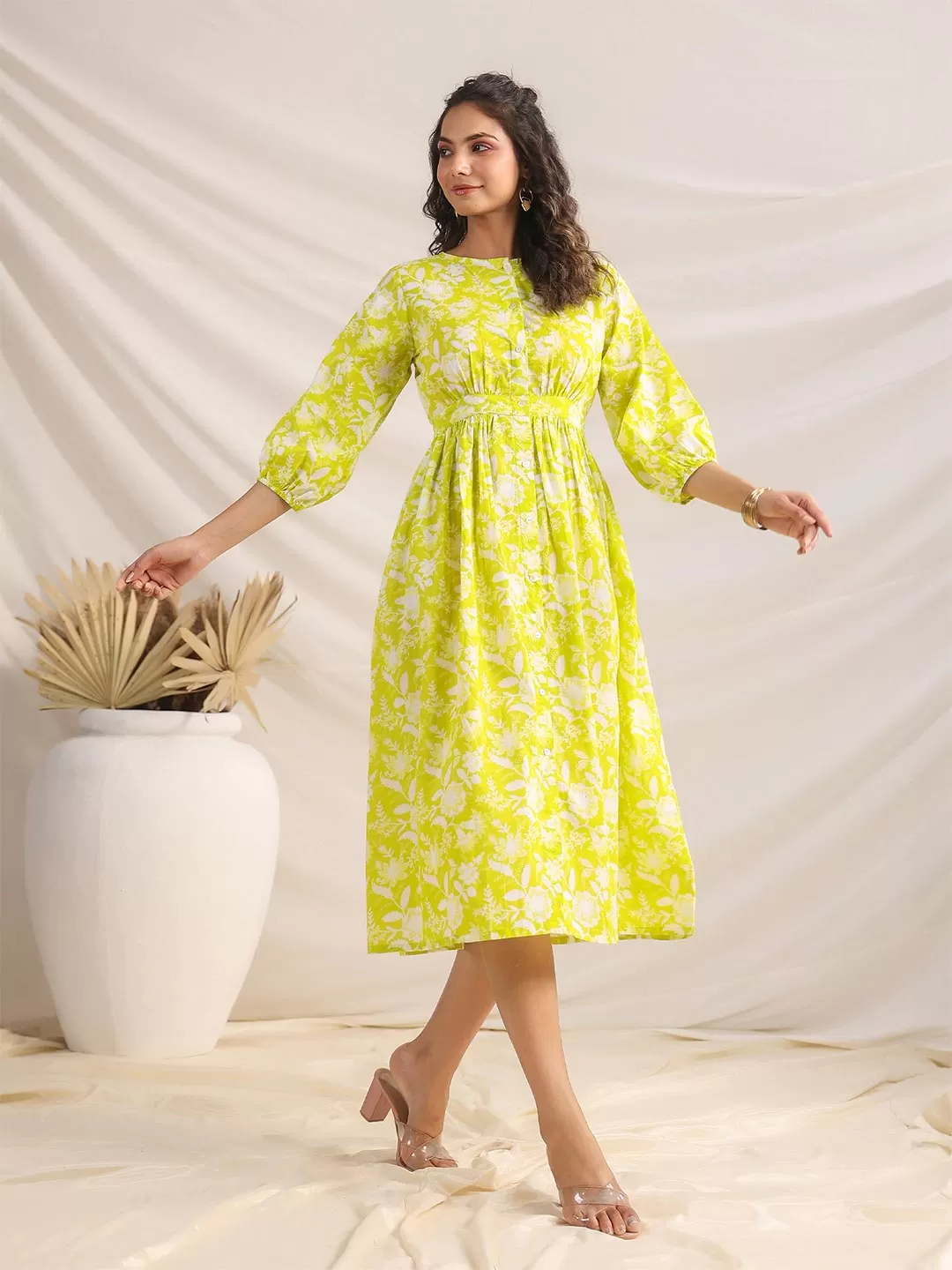 Lime Cotton Floral Gathered Dress