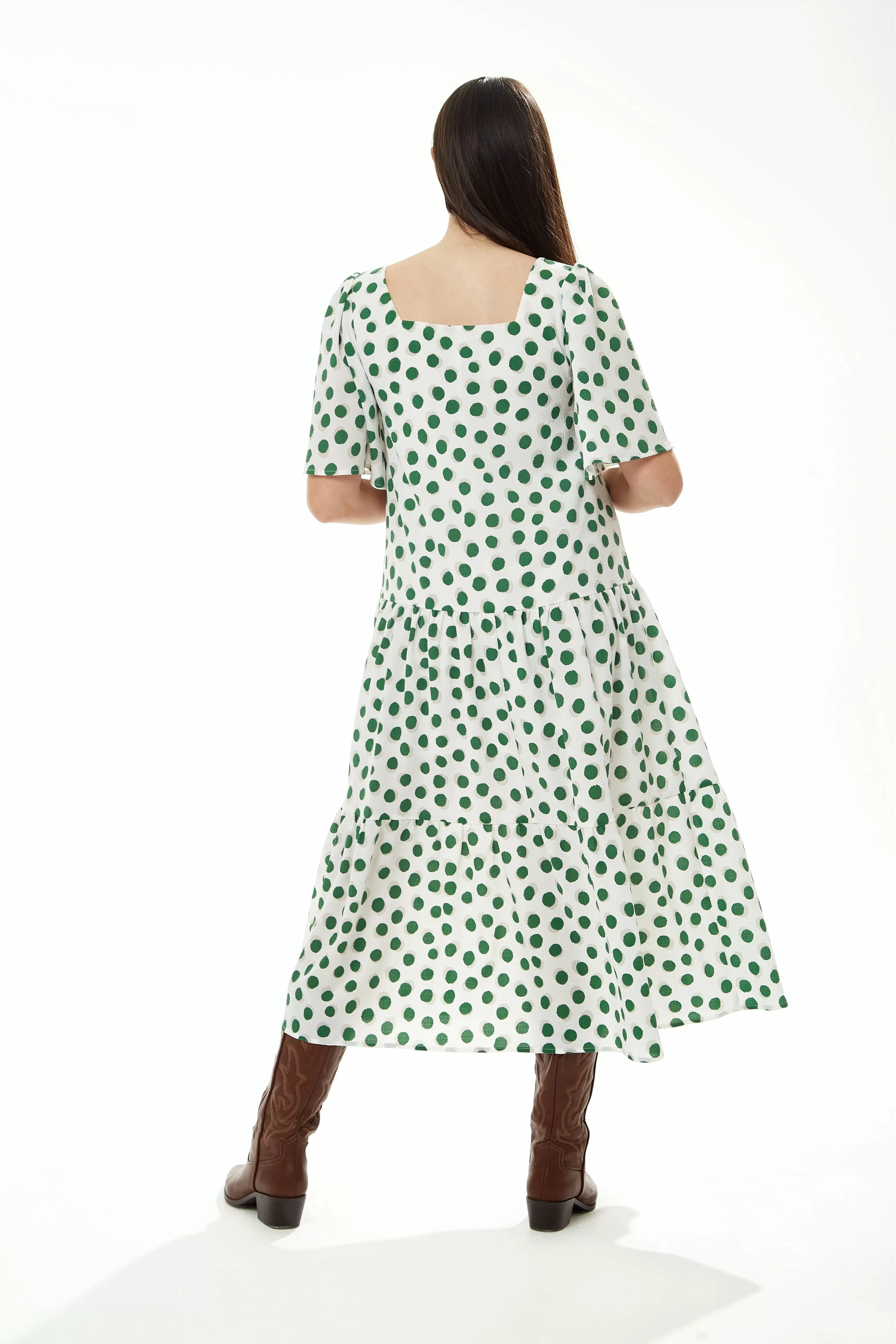 Liquorish A Line Midi Dress In Green Polka Dot