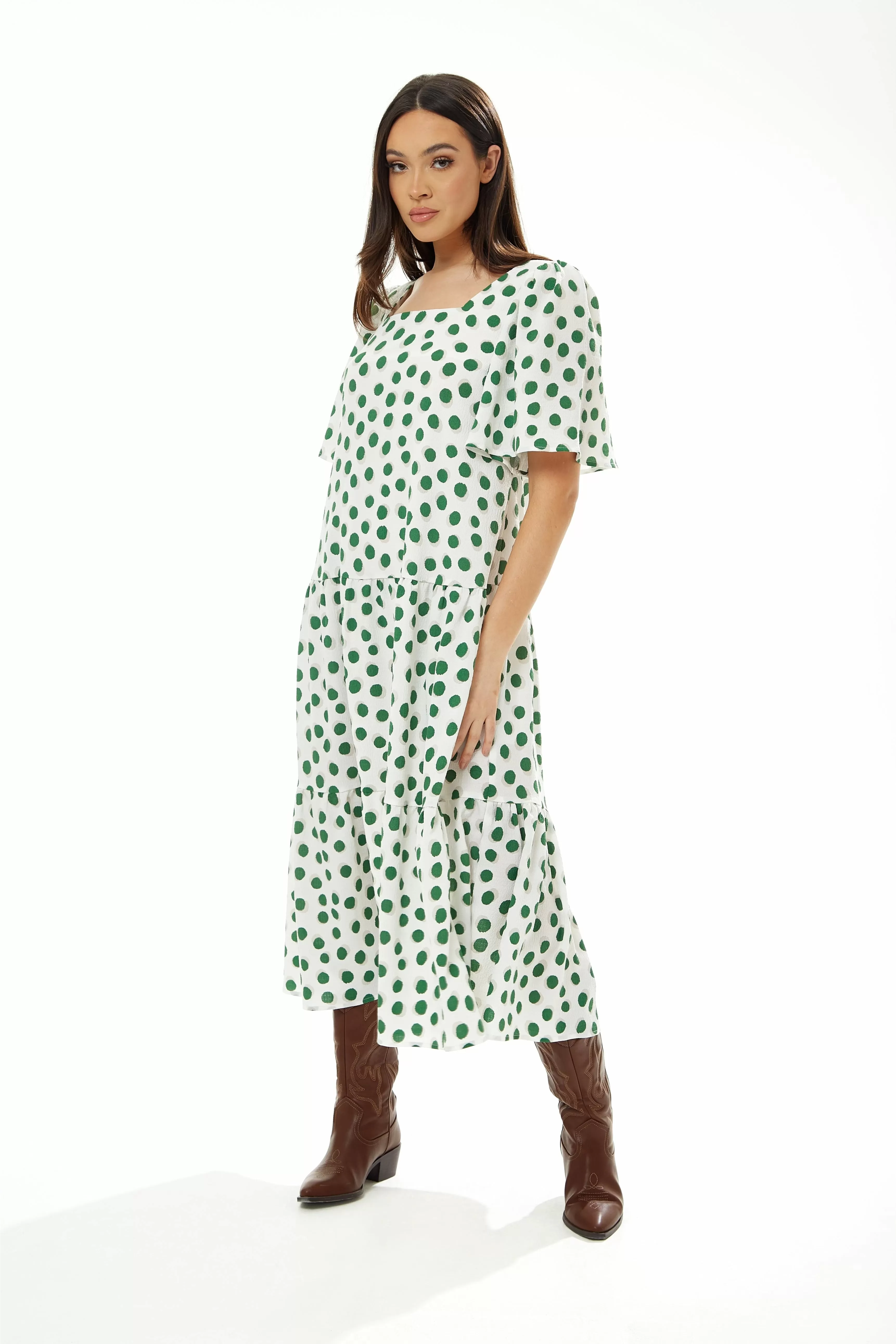 Liquorish A Line Midi Dress In Green Polka Dot