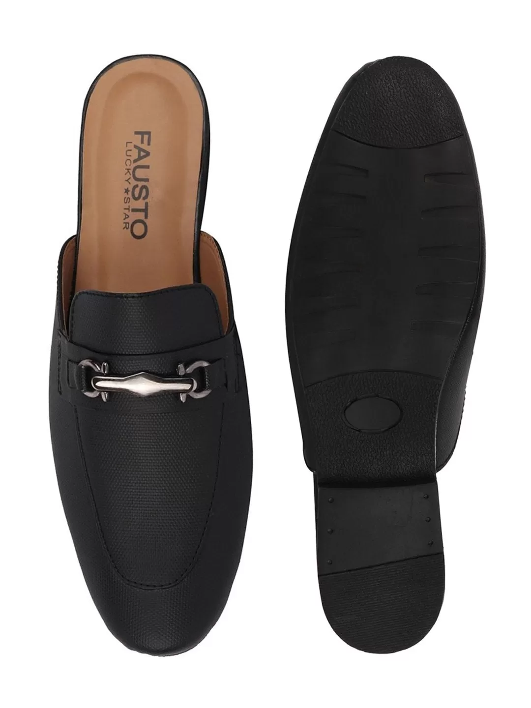 Men Black Back Open Buckle Casual Slip On Mules