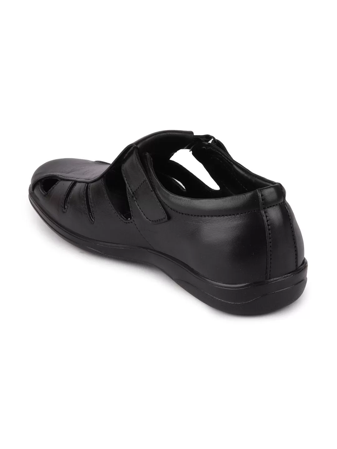 Men Black Formal Leather Hook & Loop Flat Sandals