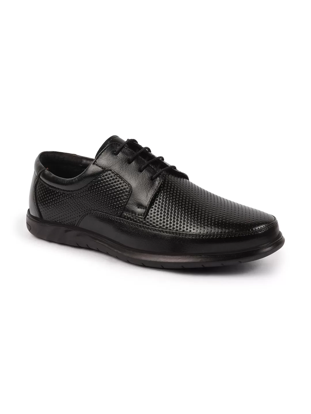 Men Black Genuine Leather Textured Formal Lace Up Flat Heel Shoes For Office|Work|Broad Feet Formal Shoes