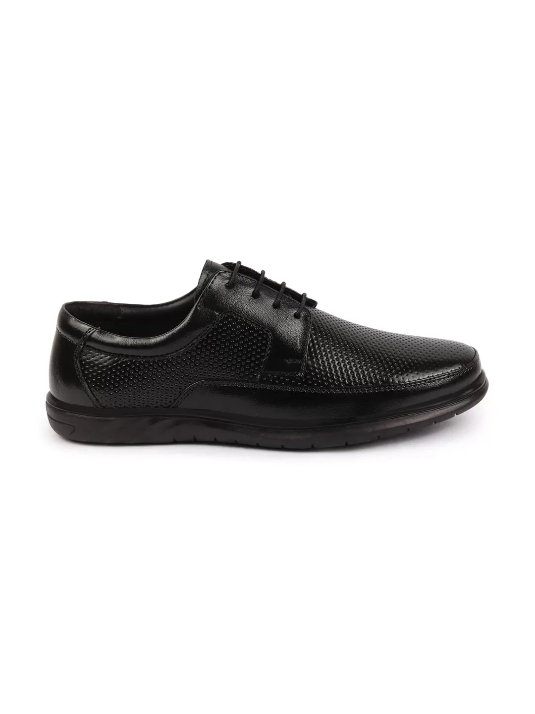 Men Black Genuine Leather Textured Formal Lace Up Flat Heel Shoes For Office|Work|Broad Feet Formal Shoes