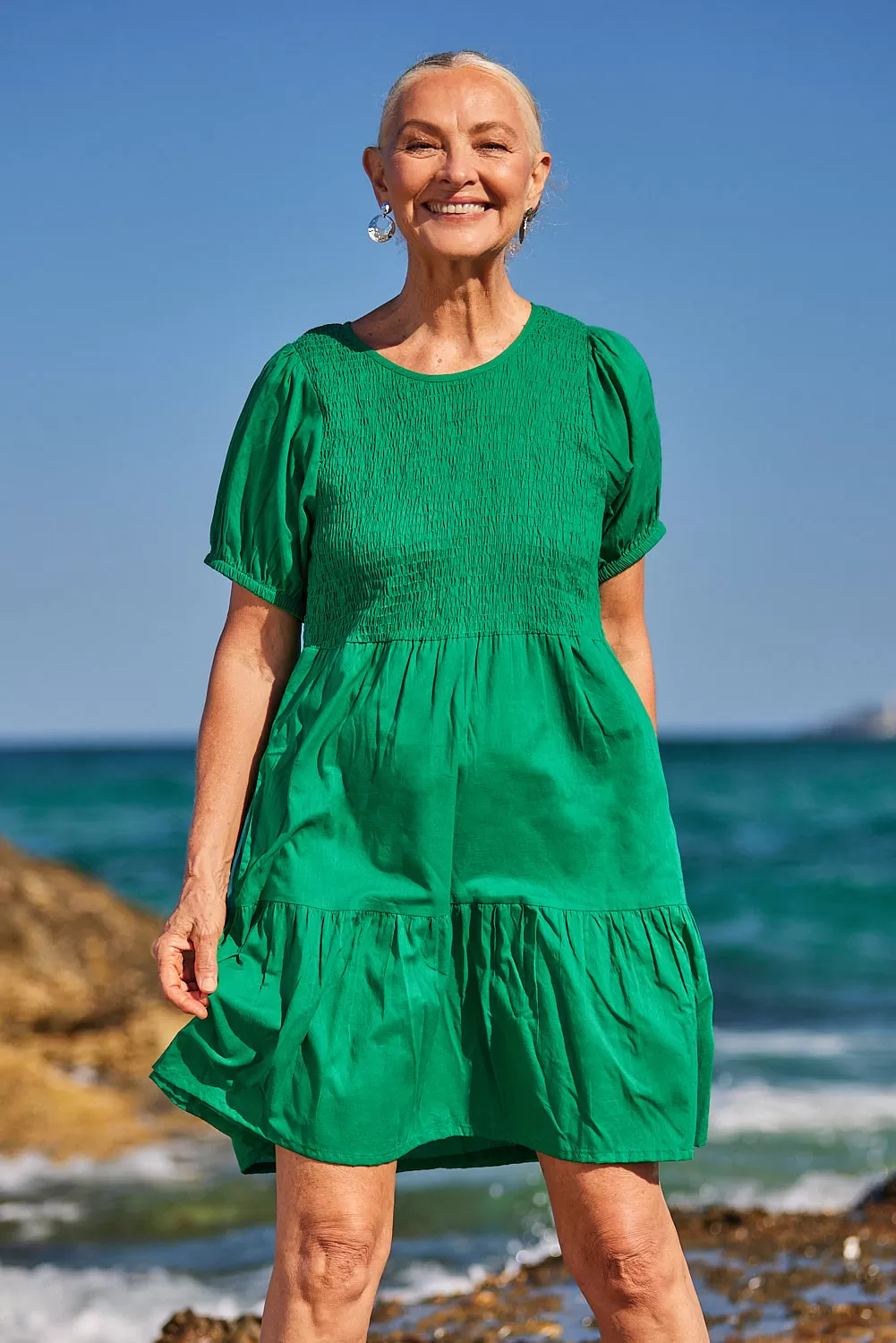 Minden Shirred Mini Dress in Green