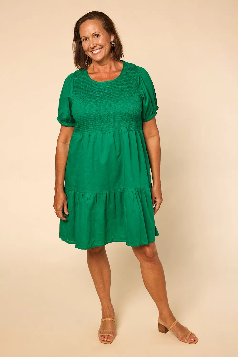 Minden Shirred Mini Dress in Green