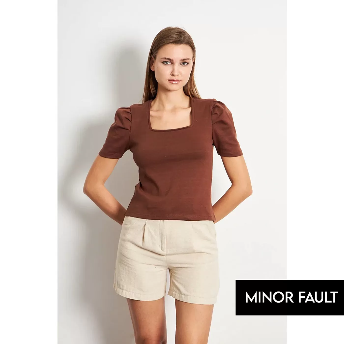 (Minor Fault) Brown Square Neck Puff Sleeves Top