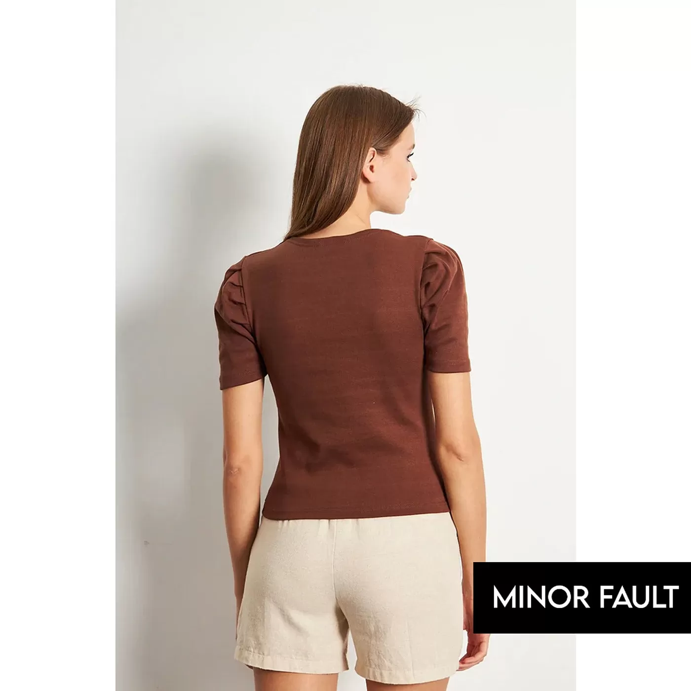 (Minor Fault) Brown Square Neck Puff Sleeves Top