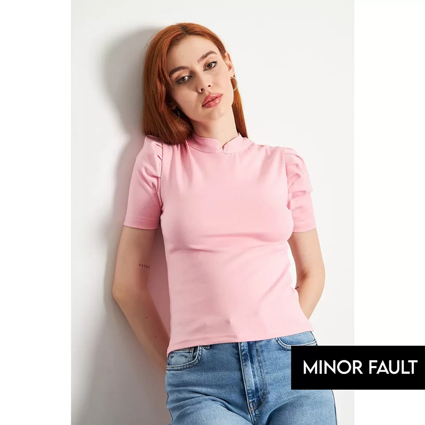 (Minor Fault) Pink Puff Sleeves Knit Top