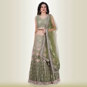 Mirror Work lehenga in Ombre Green