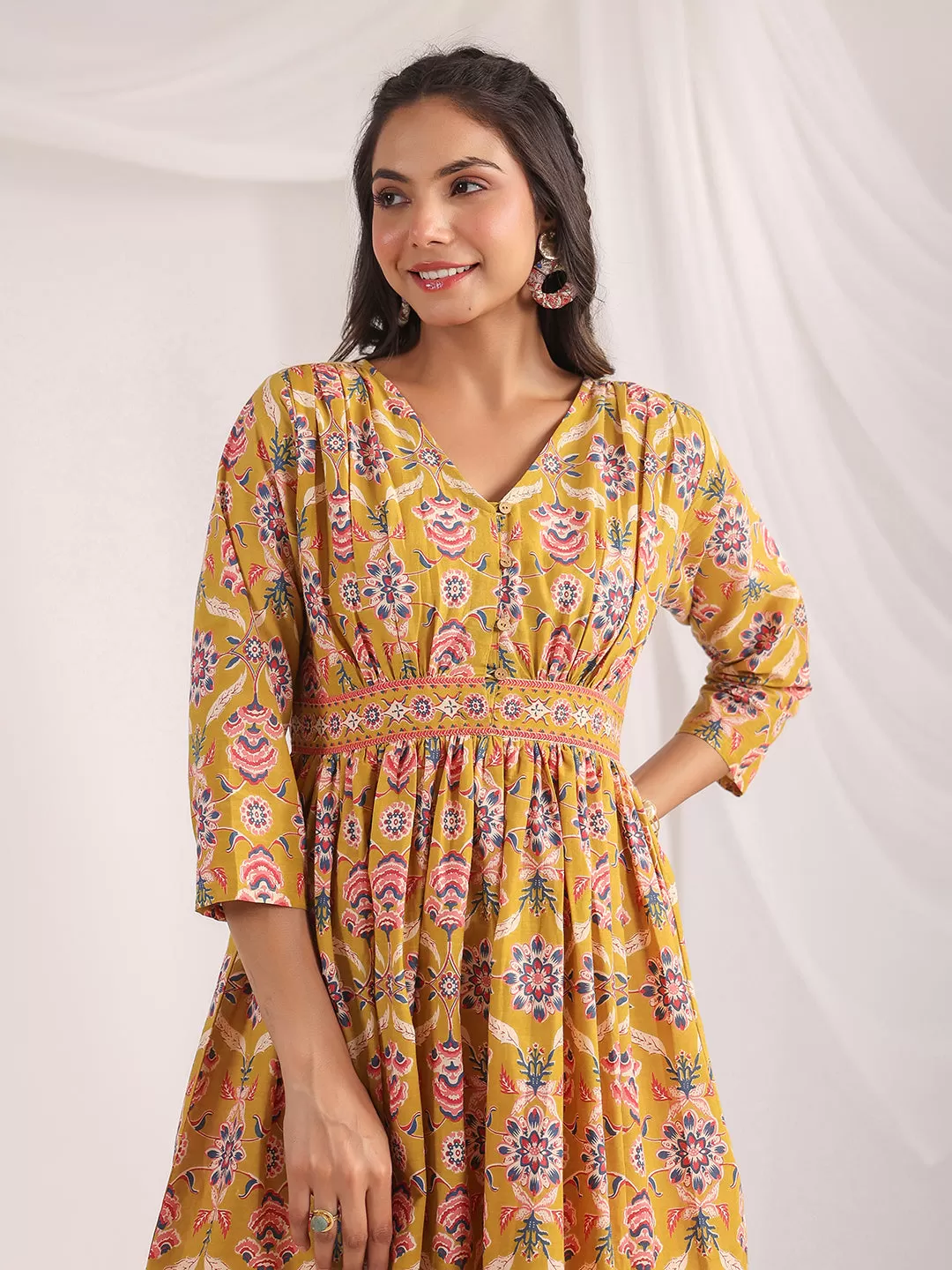 Mustard Cotton Ethnic Motifs Gathered Dress