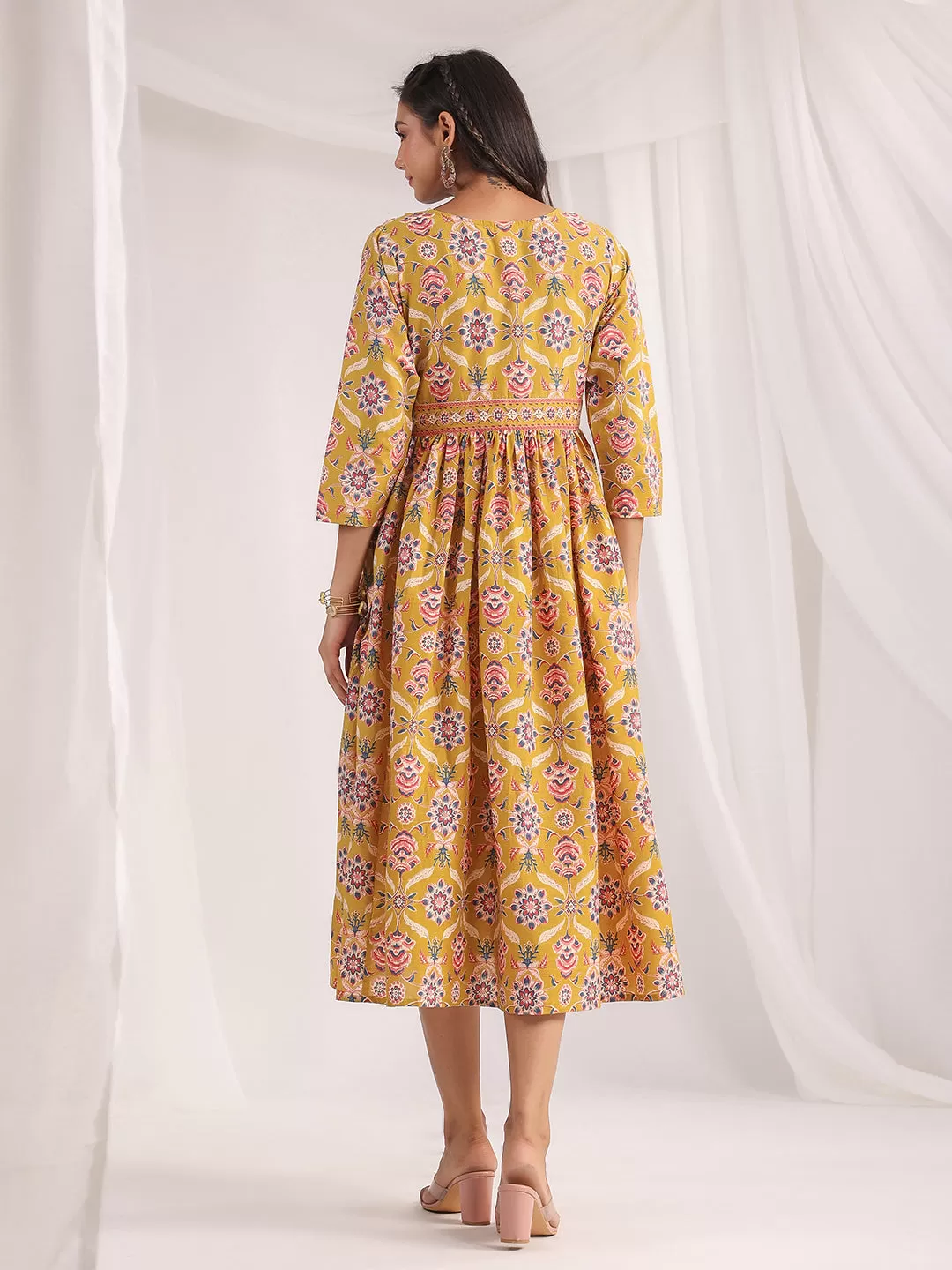 Mustard Cotton Ethnic Motifs Gathered Dress