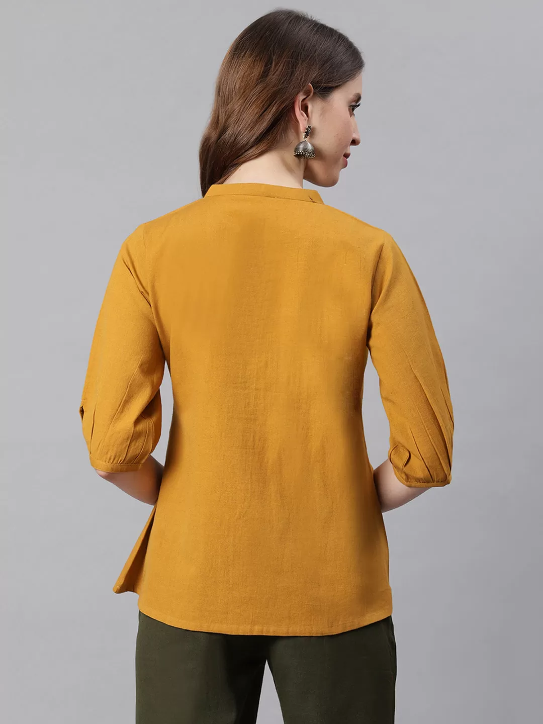 Mustard Cotton Flex Embroidered A-Line Top