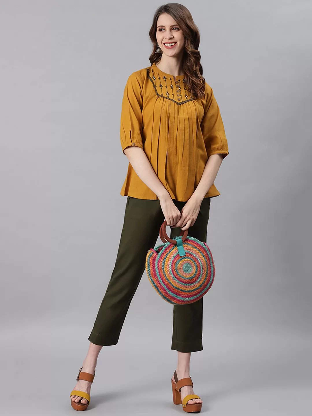 Mustard Cotton Flex Embroidered A-Line Top